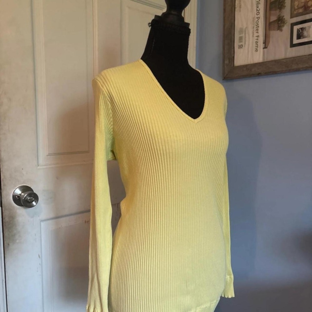 Andrea Jovine Vintage Y2K Butter Yellow Ribbed V-Neck Long Sleeve Top Large